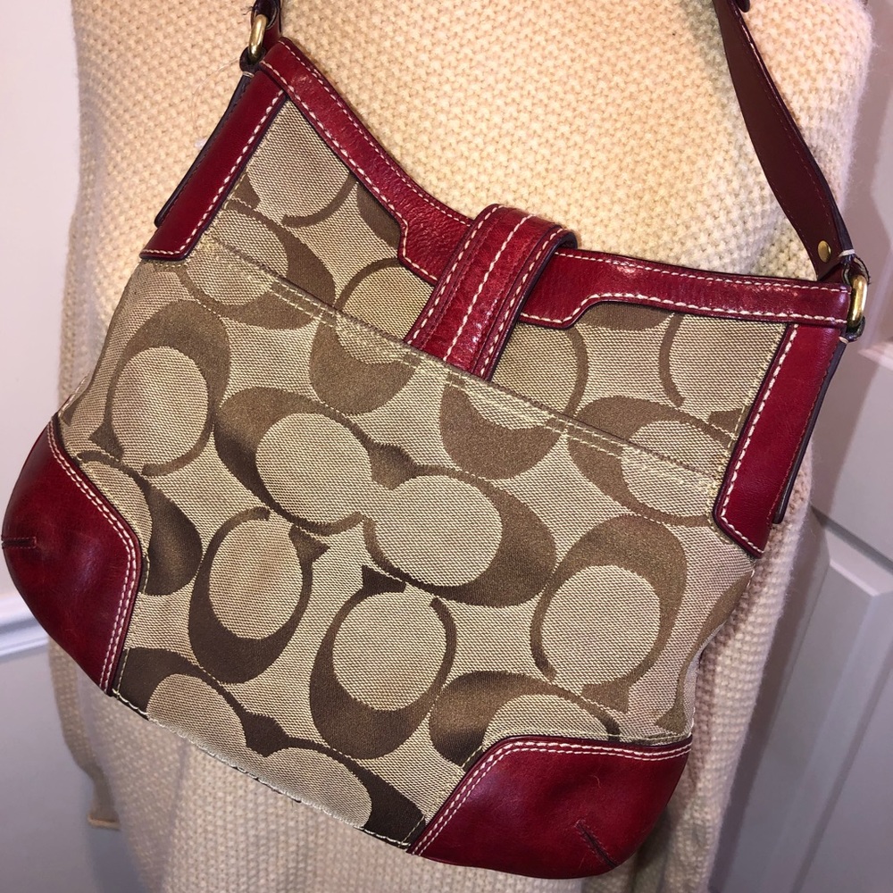 COACH Hampton Signature C Canvas Crimson Red Leather Embroidered Shoulder Bag - Picture 4 of 16